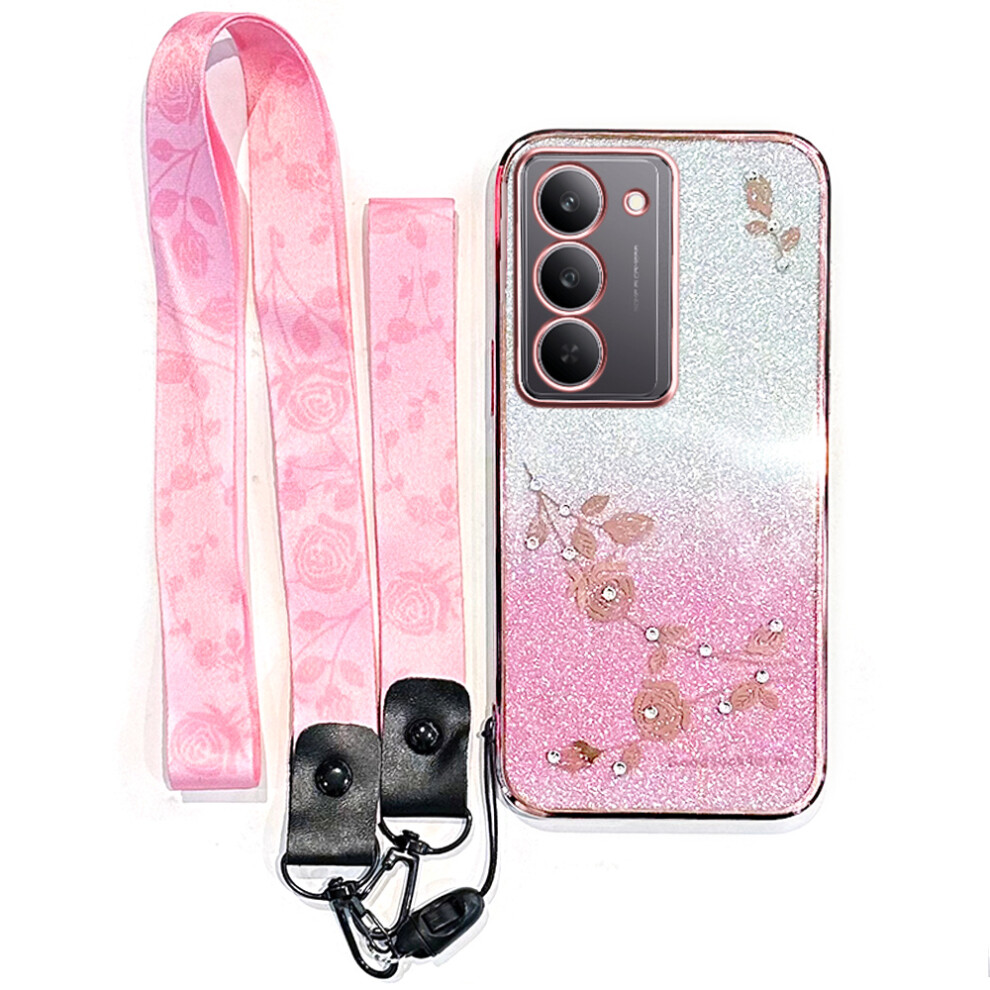 (Rose ) For Realme V60 Pro 5G / 14X (India) 5G Case Flower Pattern Tpu Gradient Phone Cover With Lanyards Gold 6914283083336
