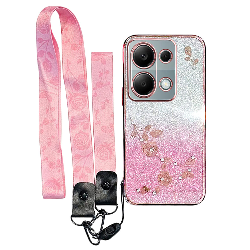 (Rose ) Phone Case For Xiaomi Redmi Note 13 Pro 4G / Note 14S 4G / Poco M6 Pro 4G Flower Pattern Tpu Gradient Cover With Lanyards Gold 6914285184789