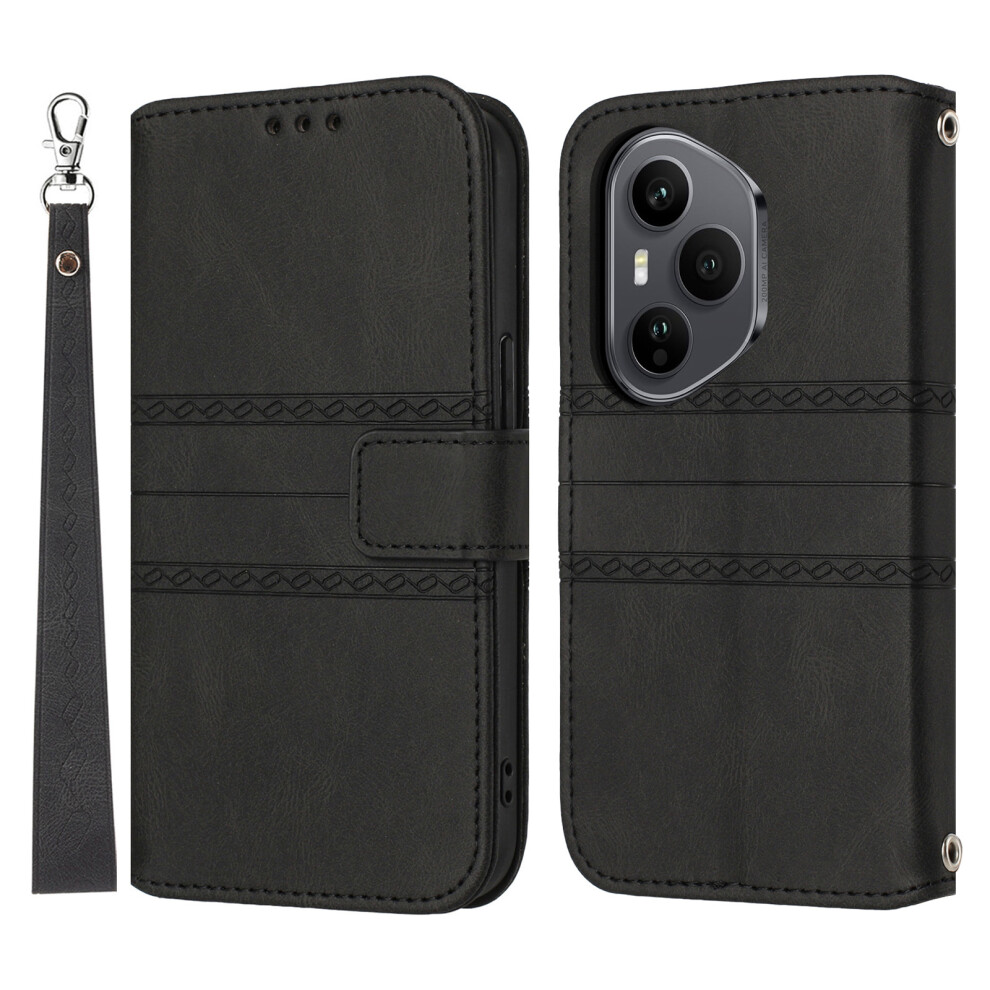 (Black) For Honor 400 Pro 5G (Global) Case Wallet Skin-Touch Leather Imprinted Phone Cover With Wrist Strap Black 6914289185966