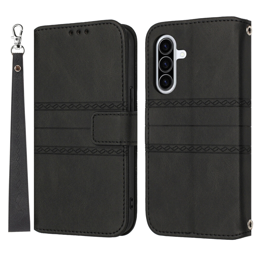 (Black) For Samsung Galaxy A17 5G / A17 4G / A26 5G Case Wallet Skin-Touch Leather Imprinted Phone Cover With Wrist Strap Black 6914288369329