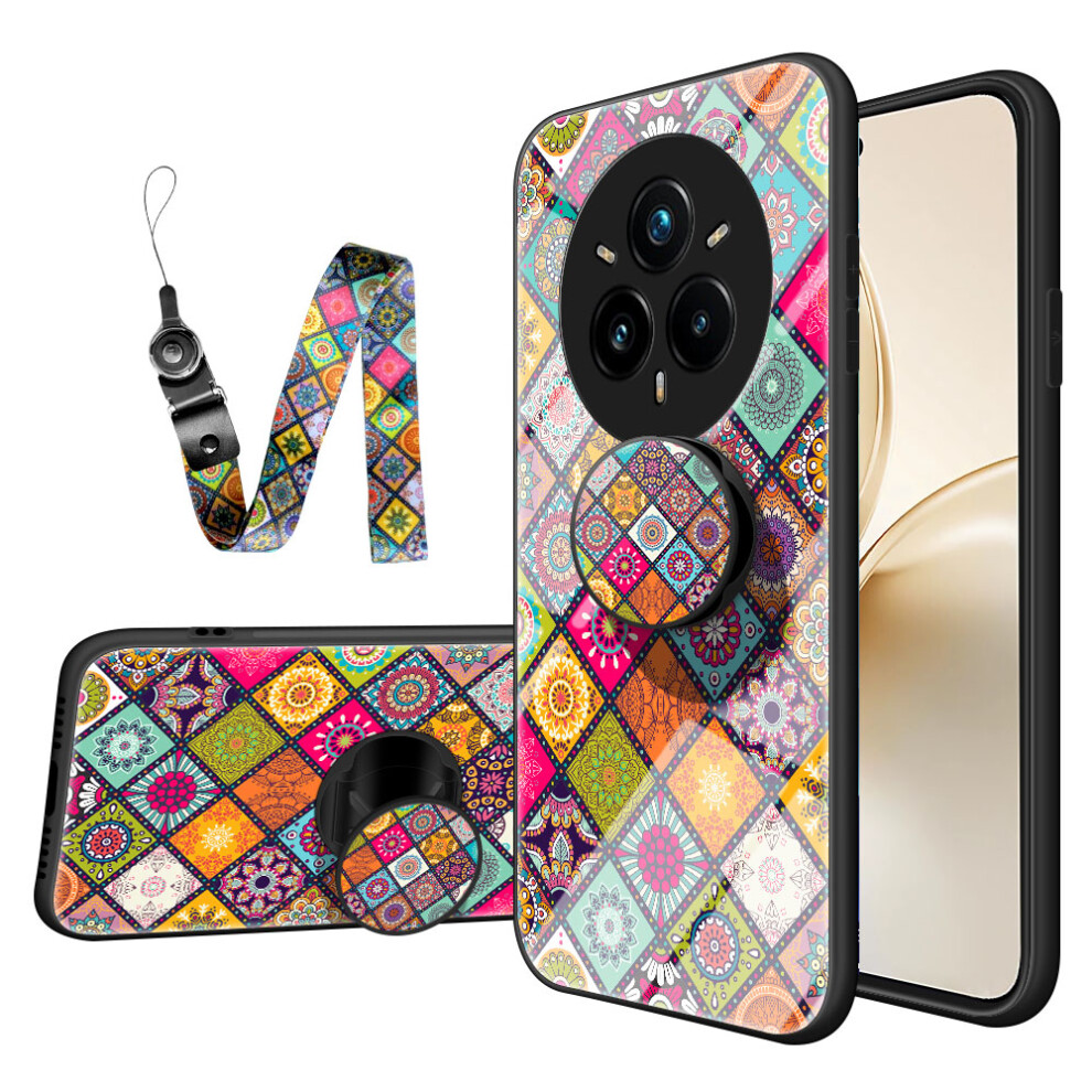 (Color Pattern) For Realme 14 Pro+ 5G Case Kickstand Ethnic Pattern Tempered Glass Phone Cover With Strap 6914288043946