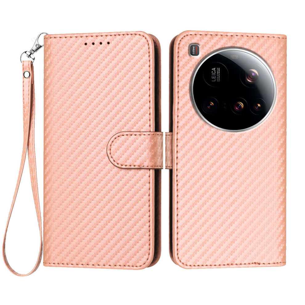 (Pink) For Xiaomi 15 Ultra Wallet Case With Strap Carbon Fiber Texture Leather Mobile Cover Pink 6914284111427