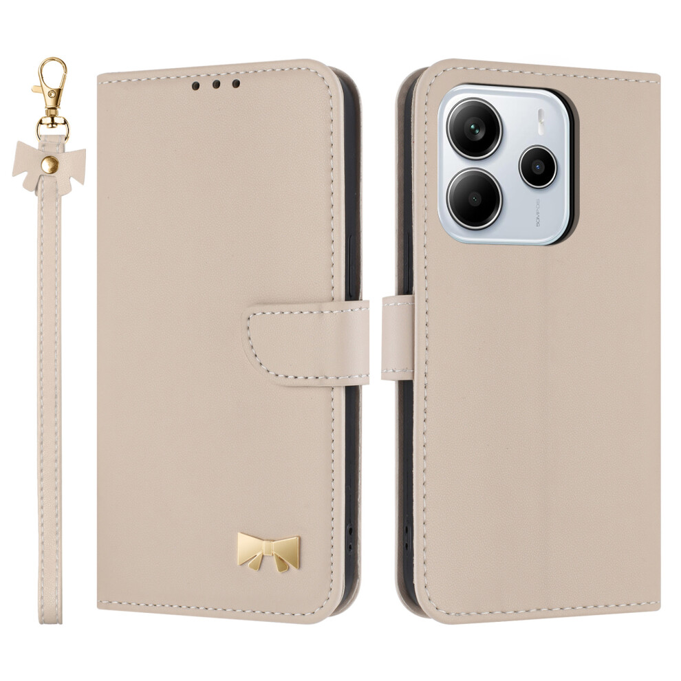 (Khaki) For Xiaomi Redmi Note 14 4G (164.84Mm) Case Bowknot Decor Wallet Leather Phone Cover With Wrist Strap 6914282776260