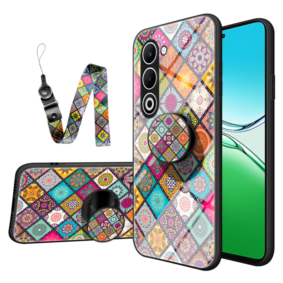 (Checkered Pattern) For Oppo A5 5G Case Kickstand Ethnic Pattern Tempered Glass Phone Cover With Strap 6914288550314