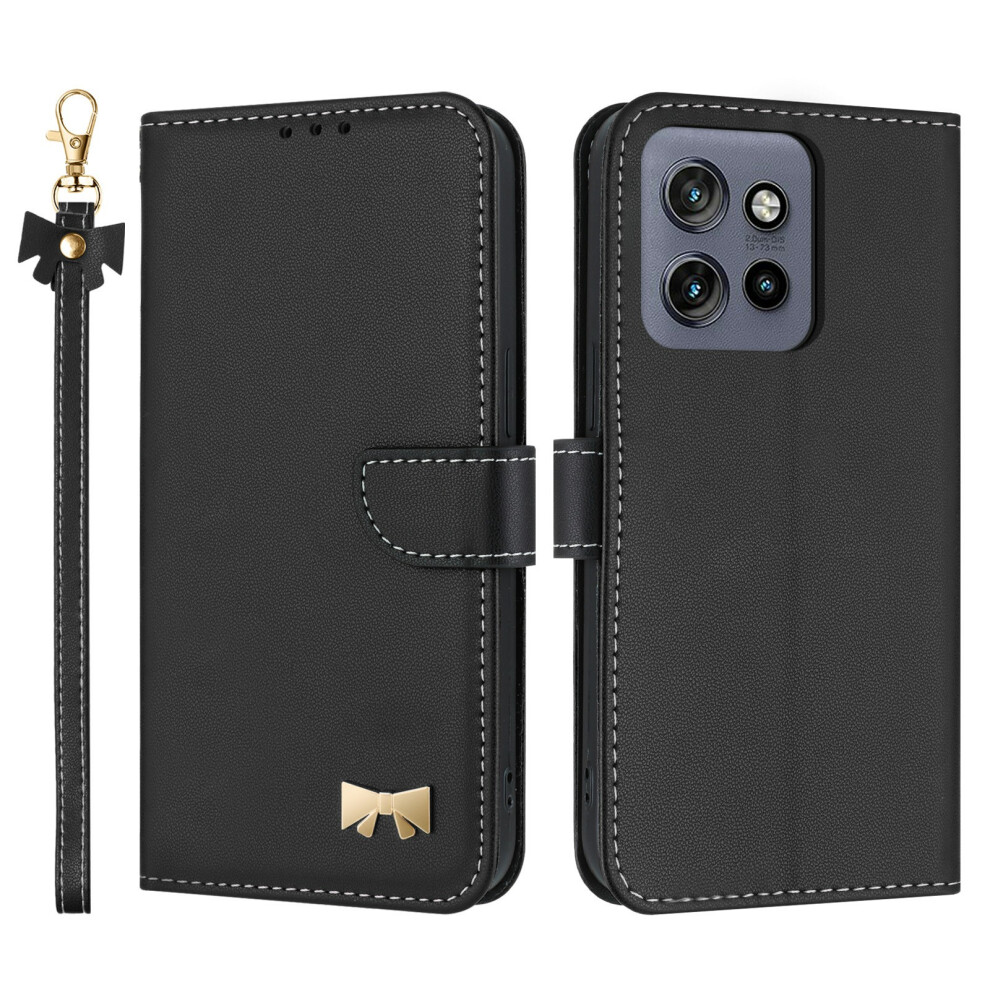 (Black) For Motorola Moto G56 5G Case Bowknot Decor Wallet Leather Phone Cover With Wrist Strap Black 6914285817632