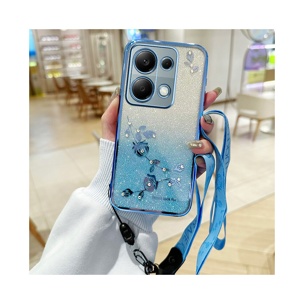 (Blue) Phone Case For Xiaomi Redmi Note 13 Pro 4G / Note 14S 4G / Poco M6 Pro 4G Flower Pattern Tpu Gradient Cover With Lanyards Blue 6914285253072