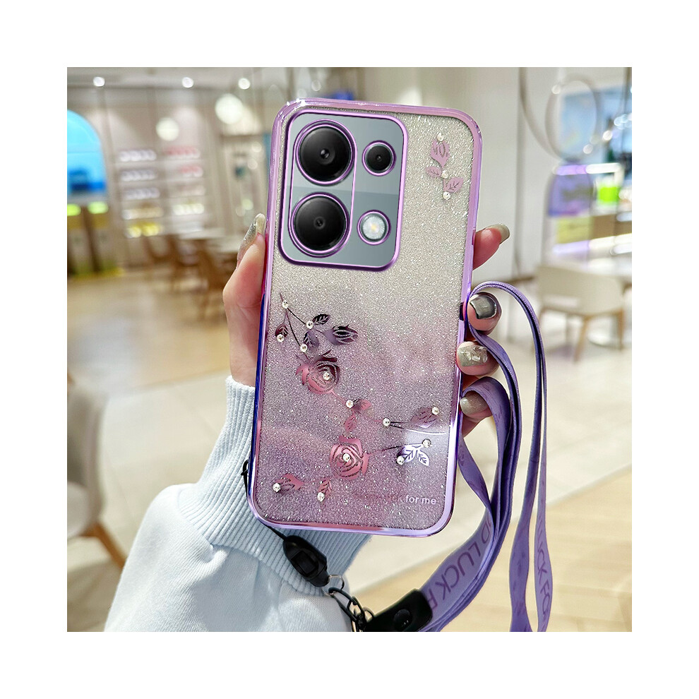 (Purple) Phone Case For Xiaomi Redmi Note 13 Pro 4G / Note 14S 4G / Poco M6 Pro 4G Flower Pattern Tpu Gradient Cover With Lanyards Purple 6914287136625