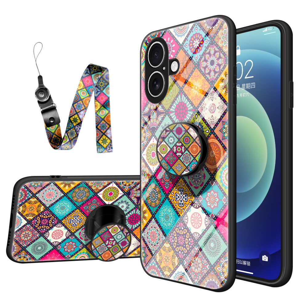 (Checkered Pattern) For Iphone 17 Case Kickstand Ethnic Pattern Tempered Glass Phone Cover With Strap 6914281336489