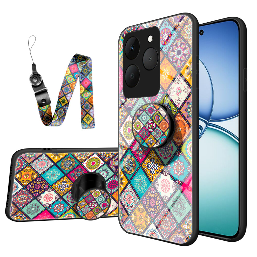 (Checkered Pattern) For Realme 15T 5G Case Kickstand Ethnic Pattern Tempered Glass Phone Cover With Strap 6914285000201