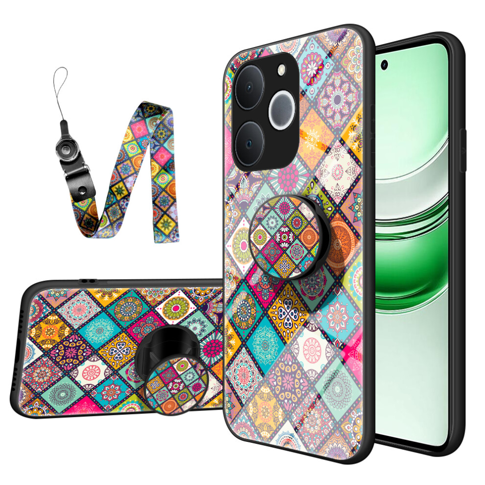 (Checkered Pattern) For Realme C71 4G / Note 70 4G Case Kickstand Ethnic Pattern Tempered Glass Phone Cover With Strap 6914288588256