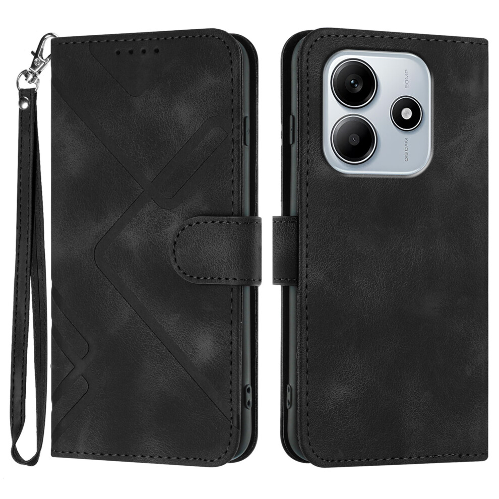 (Black) For Xiaomi Redmi Note 14 4G (163.25Mm) Wallet Case Line Imprinted Pu Leather Phone Cover With Strap Black 6914280677606