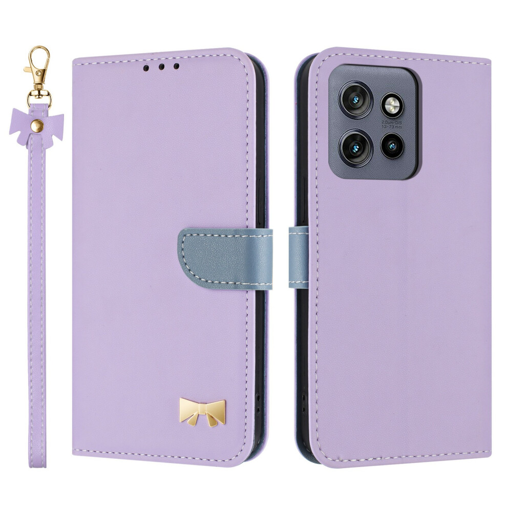 (Purple) For Motorola Moto G56 5G Case Bowknot Decor Wallet Leather Phone Cover With Wrist Strap Purple 6914289952834
