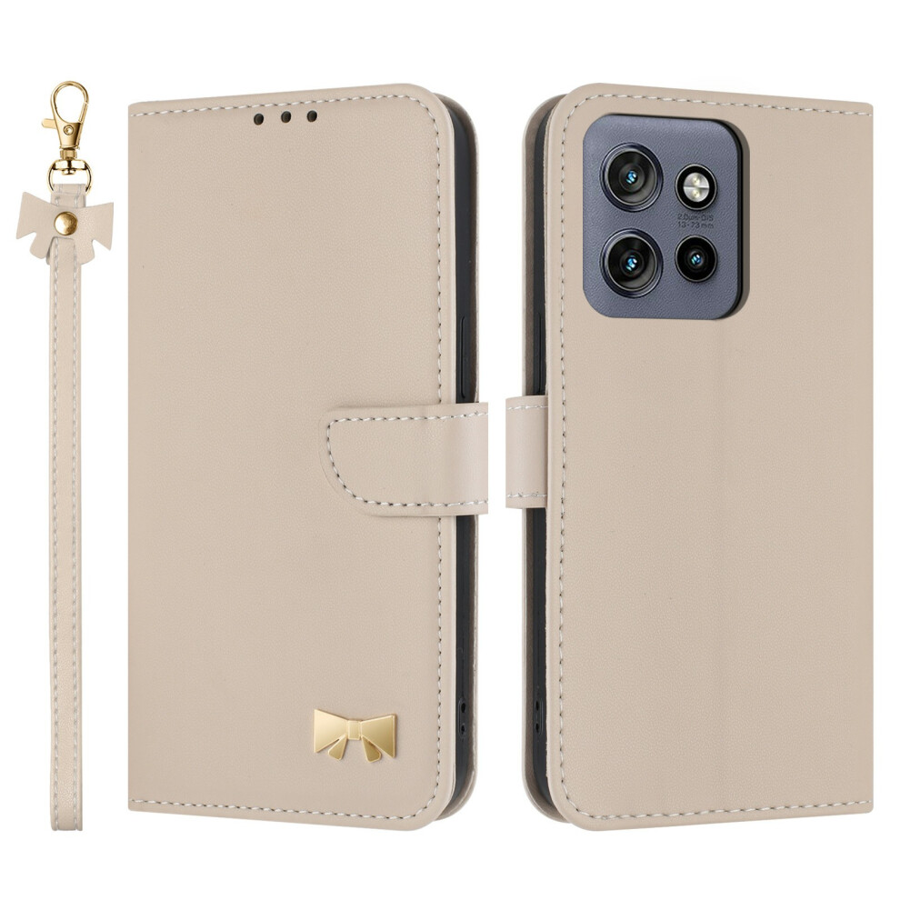 (Khaki) For Motorola Moto G56 5G Case Bowknot Decor Wallet Leather Phone Cover With Wrist Strap 6914286133274