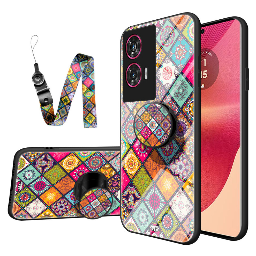 (Color Pattern) For Motorola Edge 50 Fusion 5G Case Kickstand Ethnic Pattern Tempered Glass Phone Cover With Strap 6914284204723