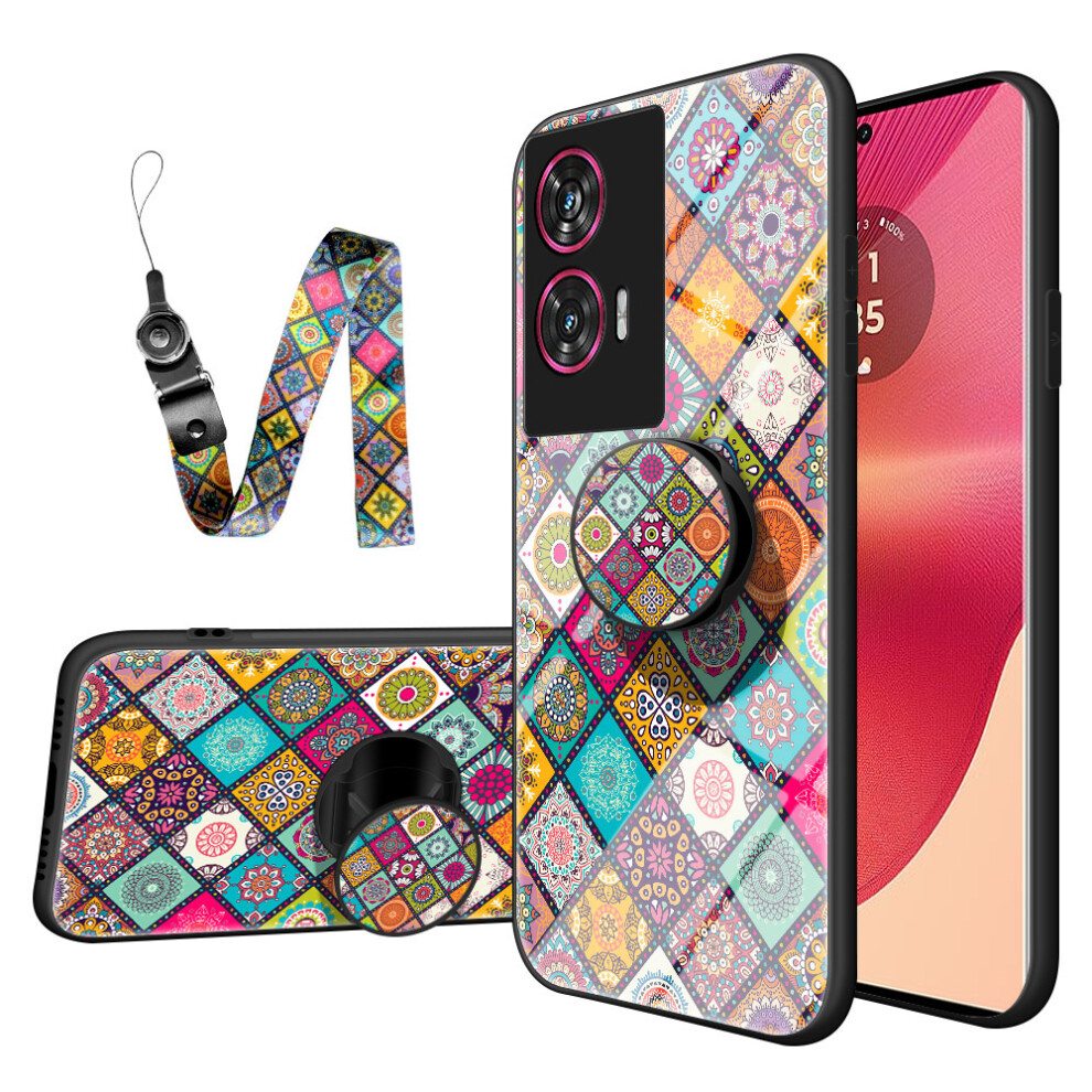 (Checkered Pattern) For Motorola Edge 50 Fusion 5G Case Kickstand Ethnic Pattern Tempered Glass Phone Cover With Strap 6914280226019