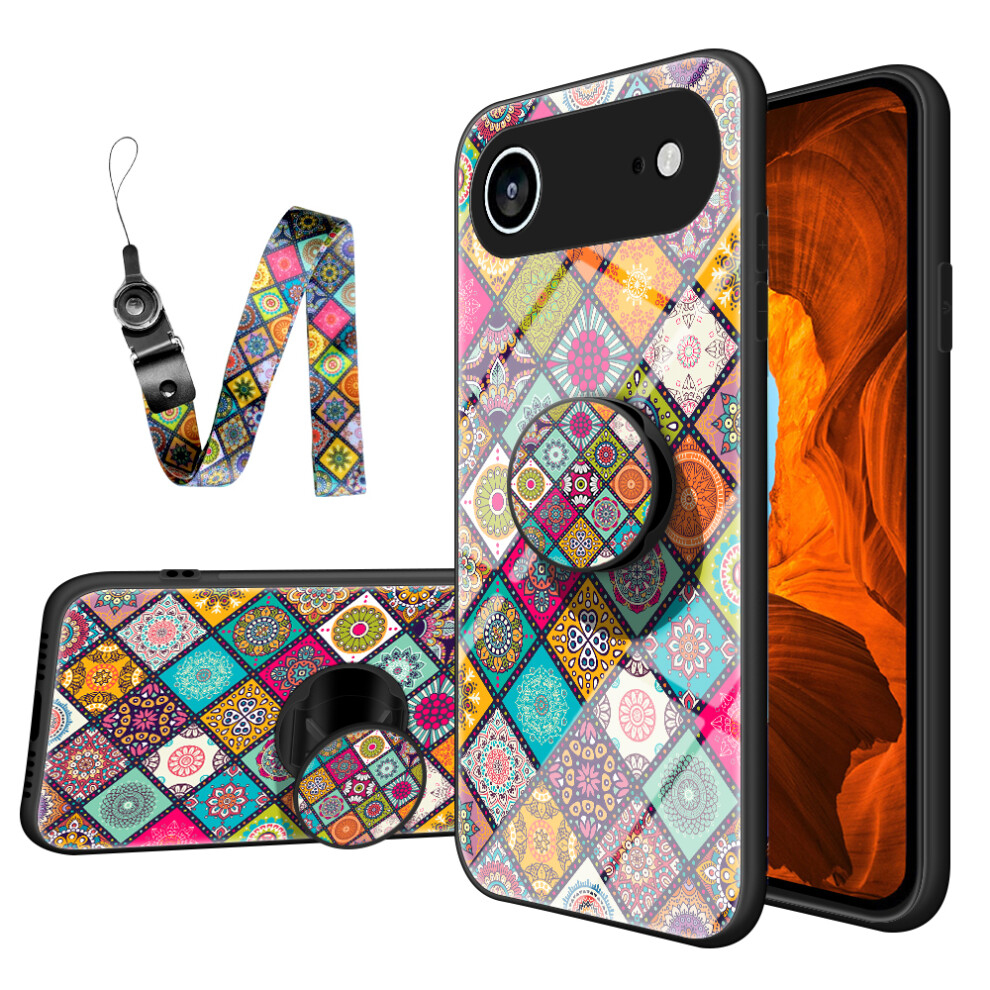 (Checkered Pattern) For Iphone Air Case Kickstand Ethnic Pattern Tempered Glass Phone Cover With Strap 6914283288335