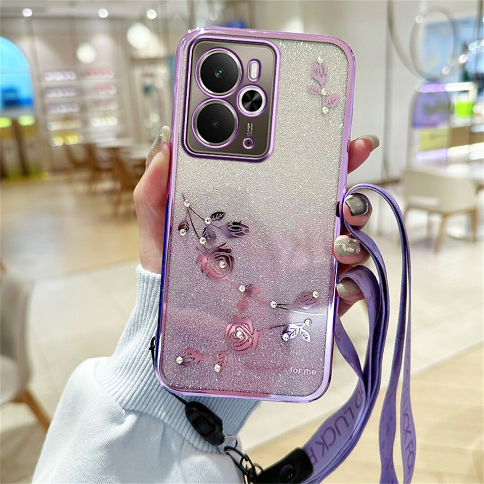 (Purple) For Realme 14T 5G / 14 5G Case Flower Pattern Tpu Gradient Phone Cover With Lanyards Purple 6914286692221
