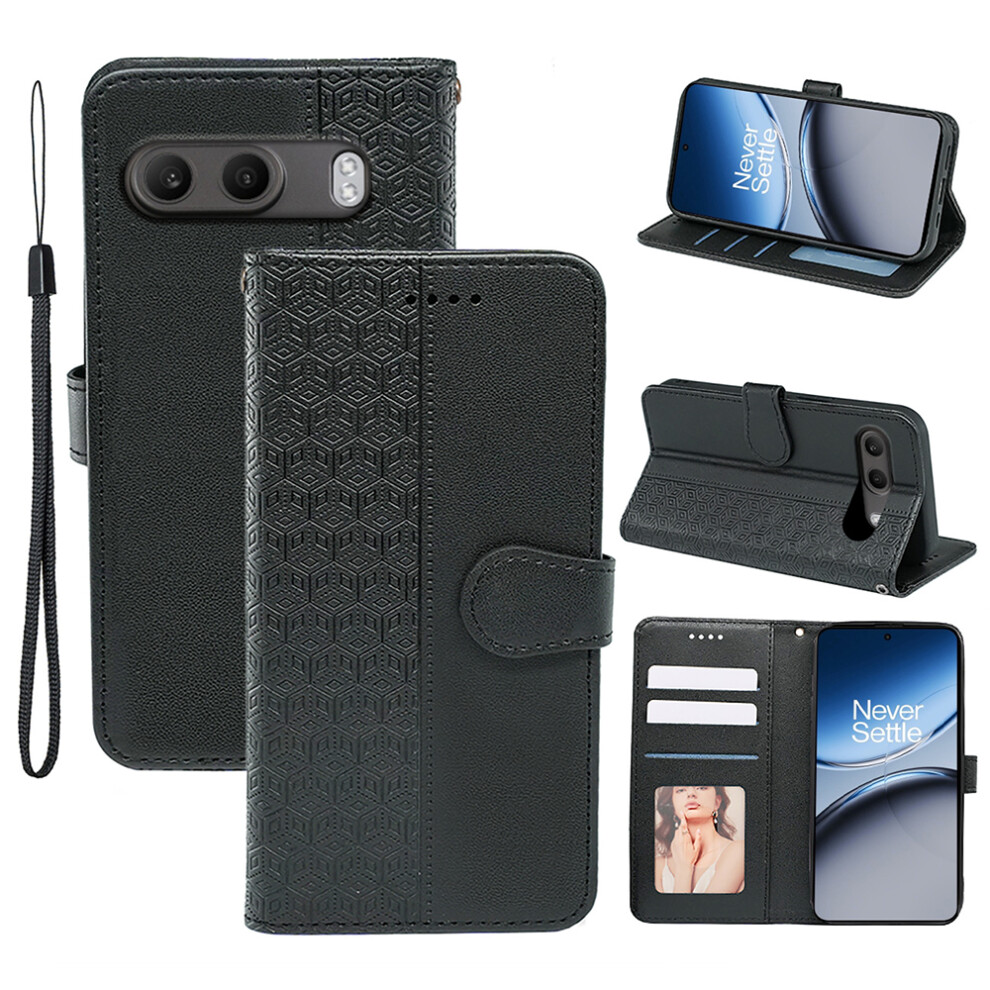 (Black) For Oneplus Nord 4 Case Anti Scratch Splicing Imprinted Rhombus Leather Phone Cover Black 6914288709033