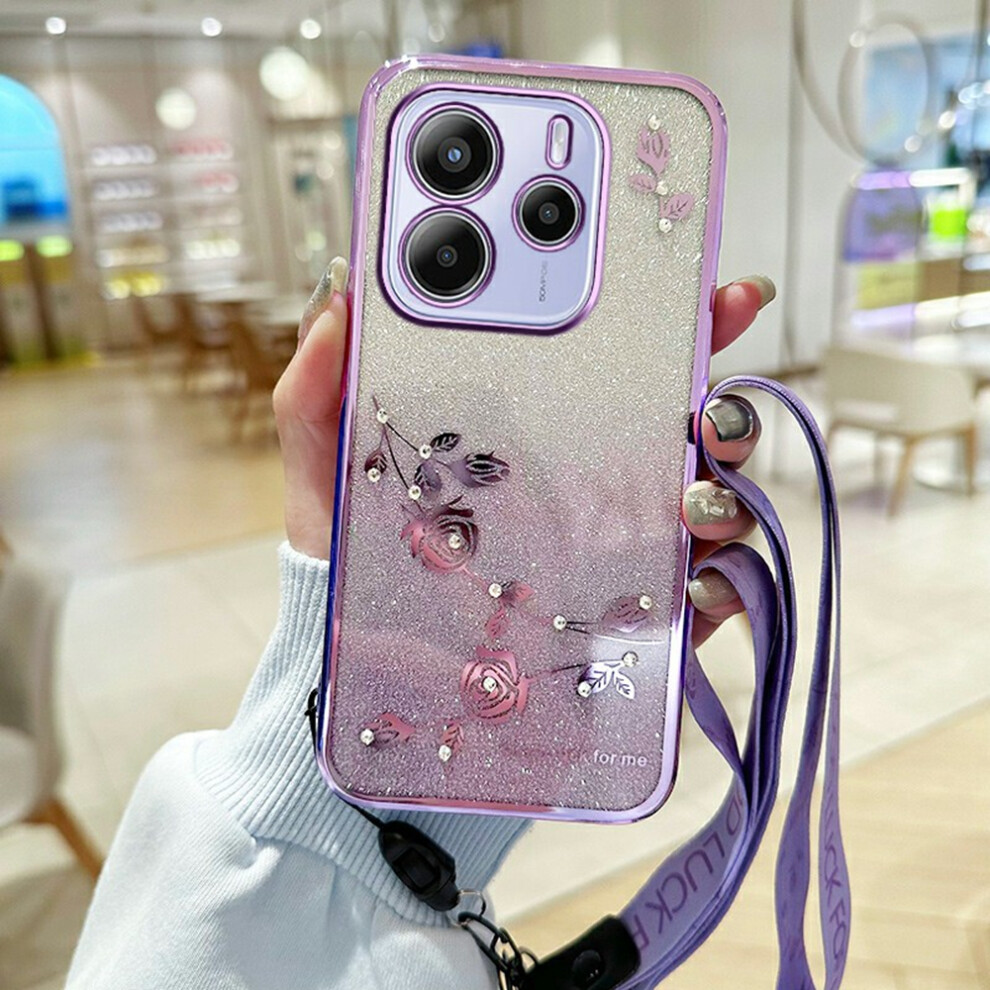 (Purple) For Xiaomi Redmi Note 14 4G (164.84Mm) Case Flower Pattern Tpu Gradient Phone Cover With Lanyards Purple 6914289623031