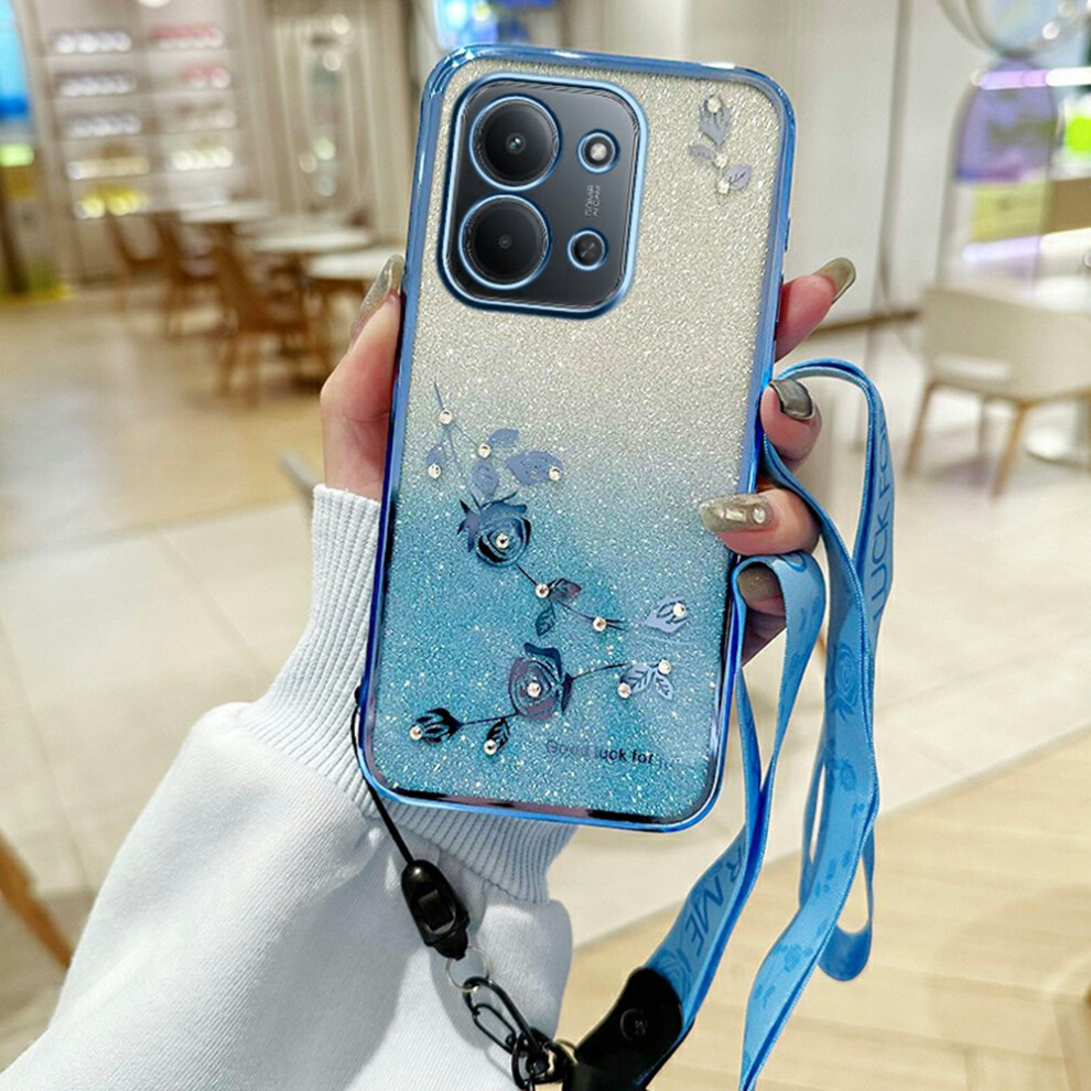 (Blue) For Xiaomi Redmi 15C 4G (Global) (171Mm) / Poco C85 4G (171Mm) Case Flower Pattern Tpu Gradient Phone Cover With Lanyards Blue 6914281925133