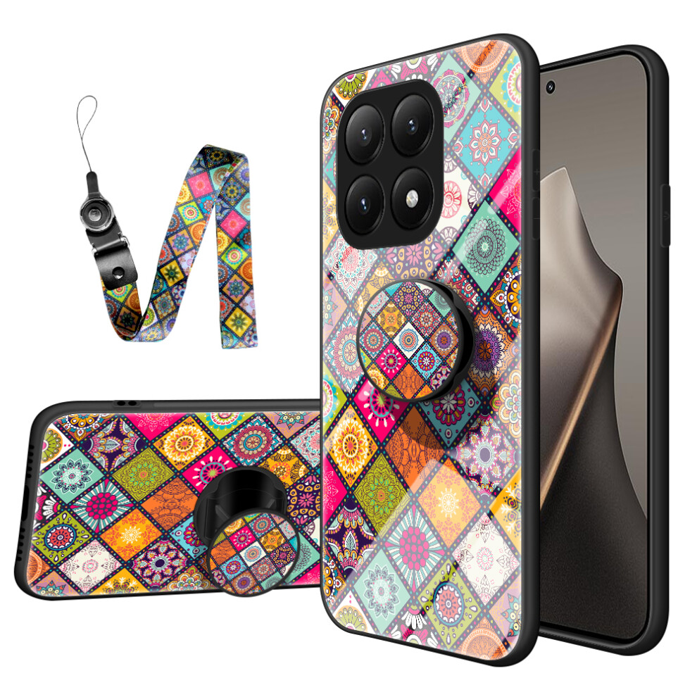 (Color Pattern) For Xiaomi 15T Case Kickstand Ethnic Pattern Tempered Glass Phone Cover With Strap 6914284128142