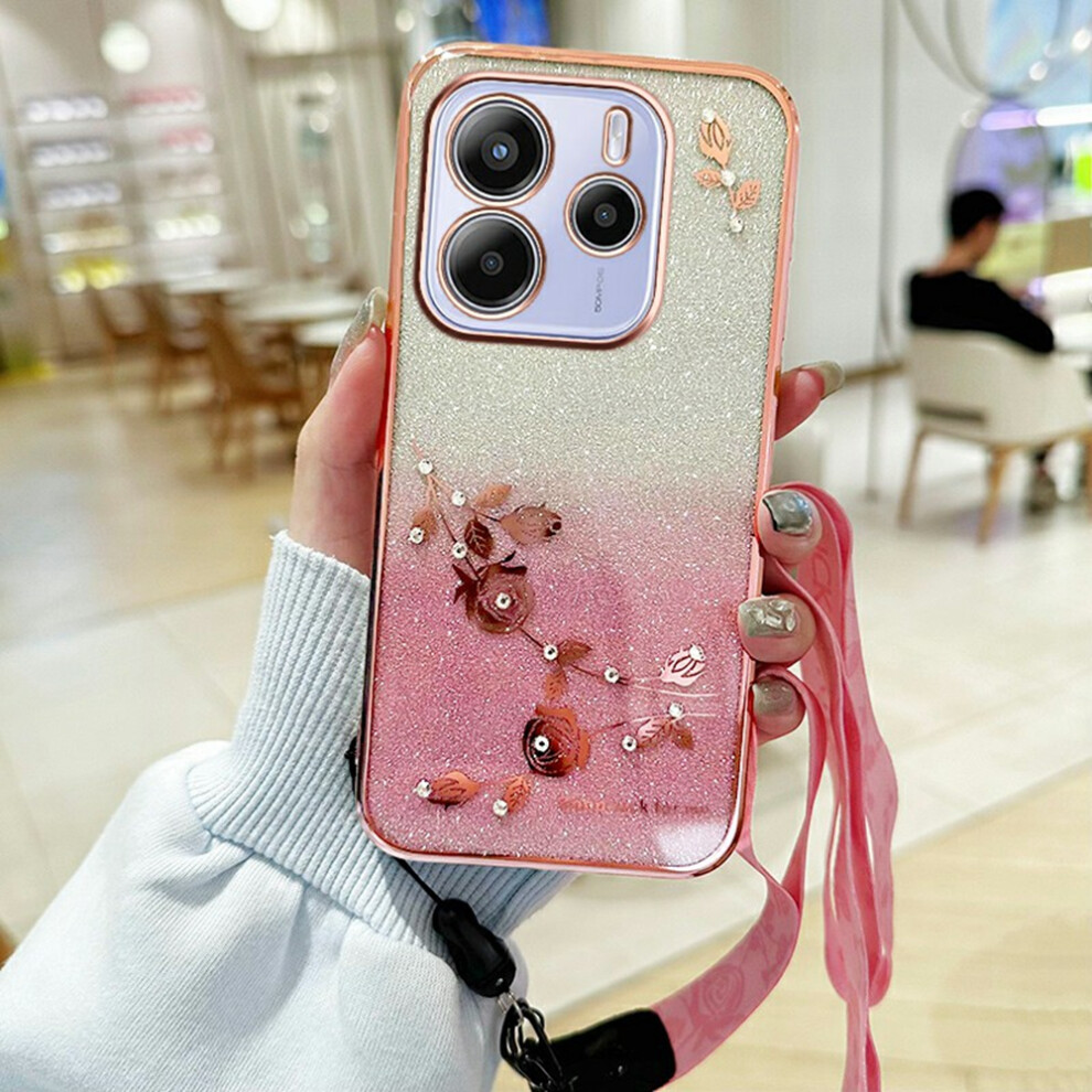 (Rose ) For Xiaomi Redmi Note 14 4G (164.84Mm) Case Flower Pattern Tpu Gradient Phone Cover With Lanyards Gold 6914280812311