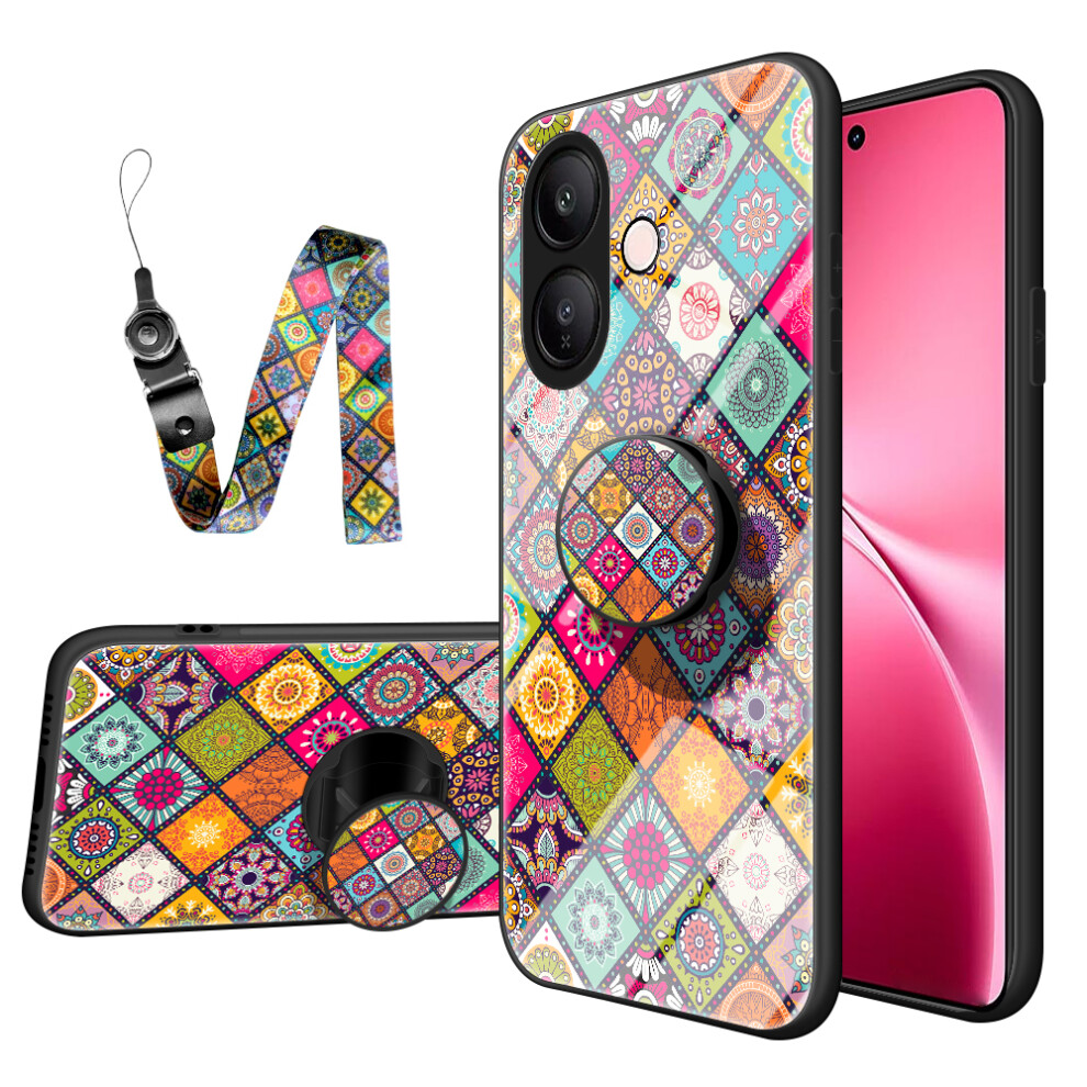 (Color Pattern) For Vivo V60 Lite 5G / 4G Case Kickstand Ethnic Pattern Tempered Glass Phone Cover With Strap 6914280540092