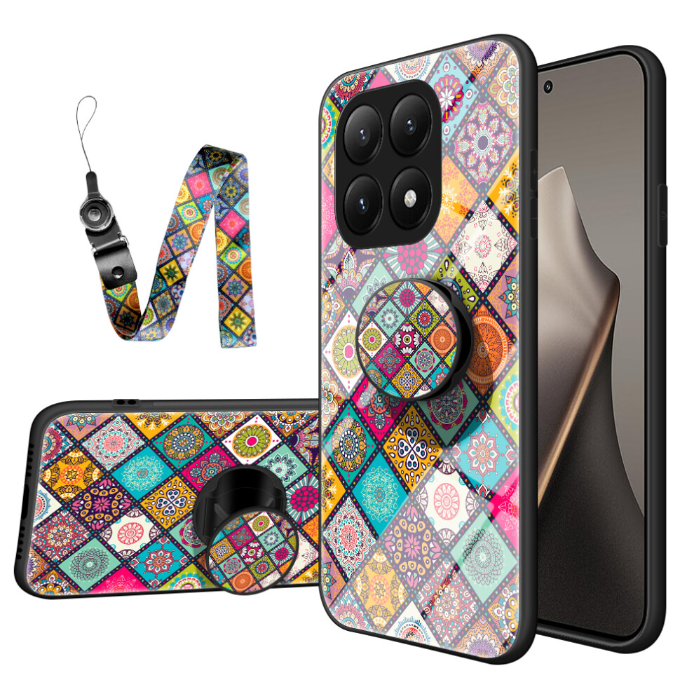 (Checkered Pattern) For Xiaomi 15T Case Kickstand Ethnic Pattern Tempered Glass Phone Cover With Strap 6914287716193