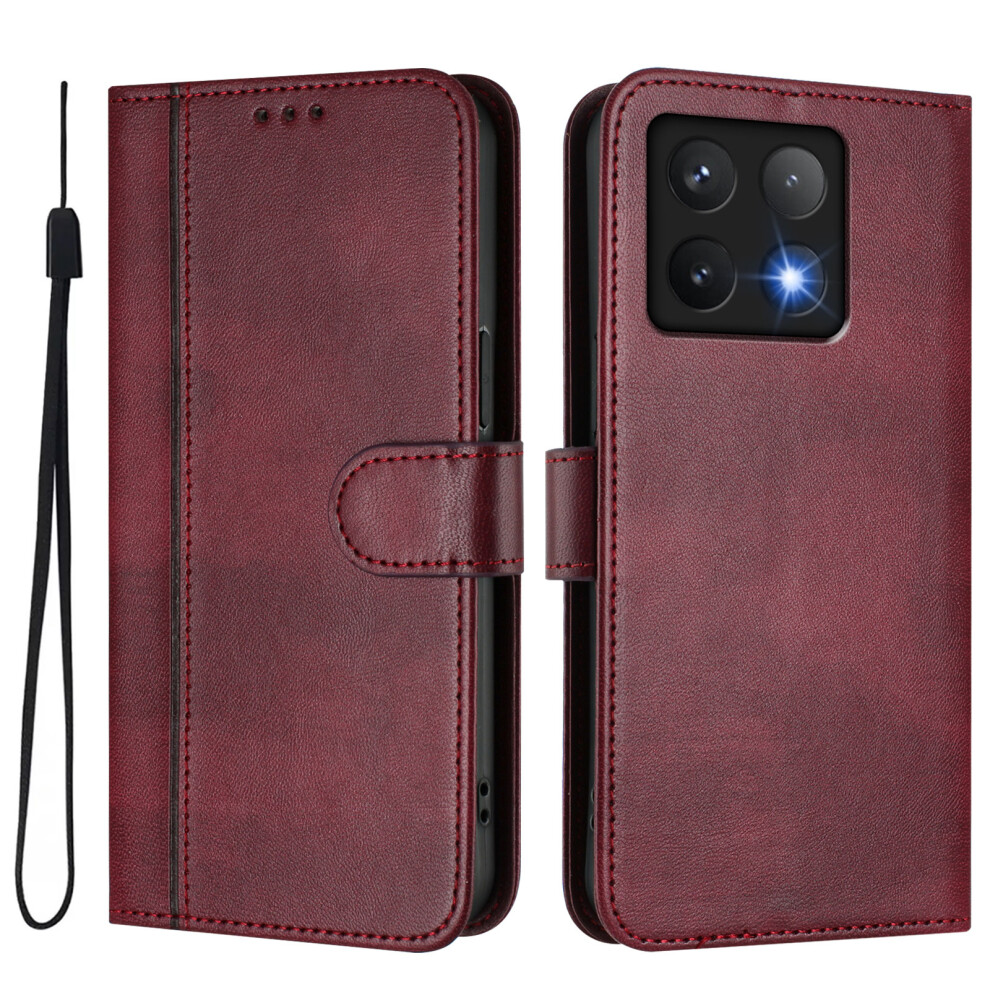 (Wine ) For Xiaomi 14T Cases Wallet Stand Retro Texture Leather Phone Cover With Lanyard Red 6914283494422