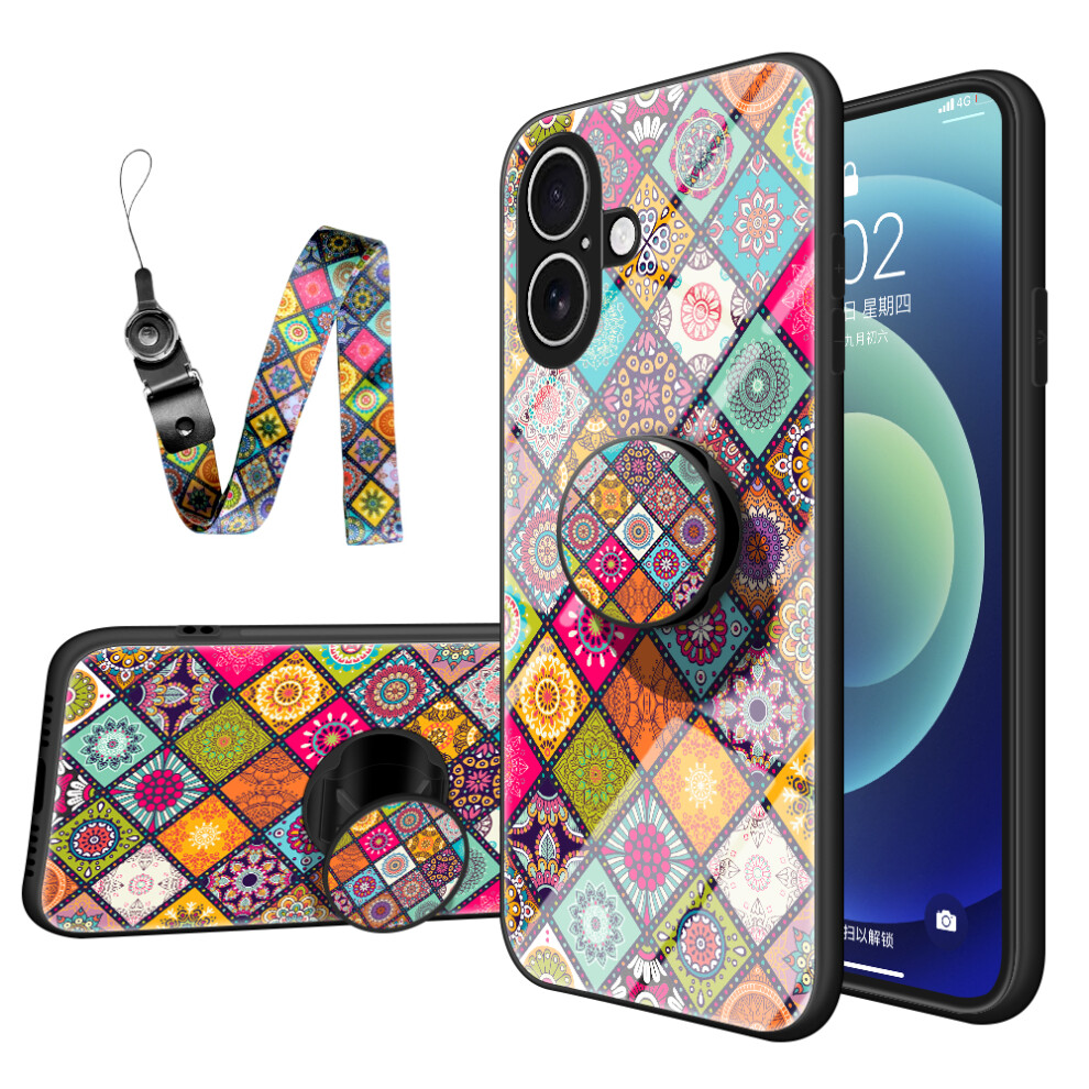 (Color Pattern) For Iphone 17 Case Kickstand Ethnic Pattern Tempered Glass Phone Cover With Strap 6914284279080