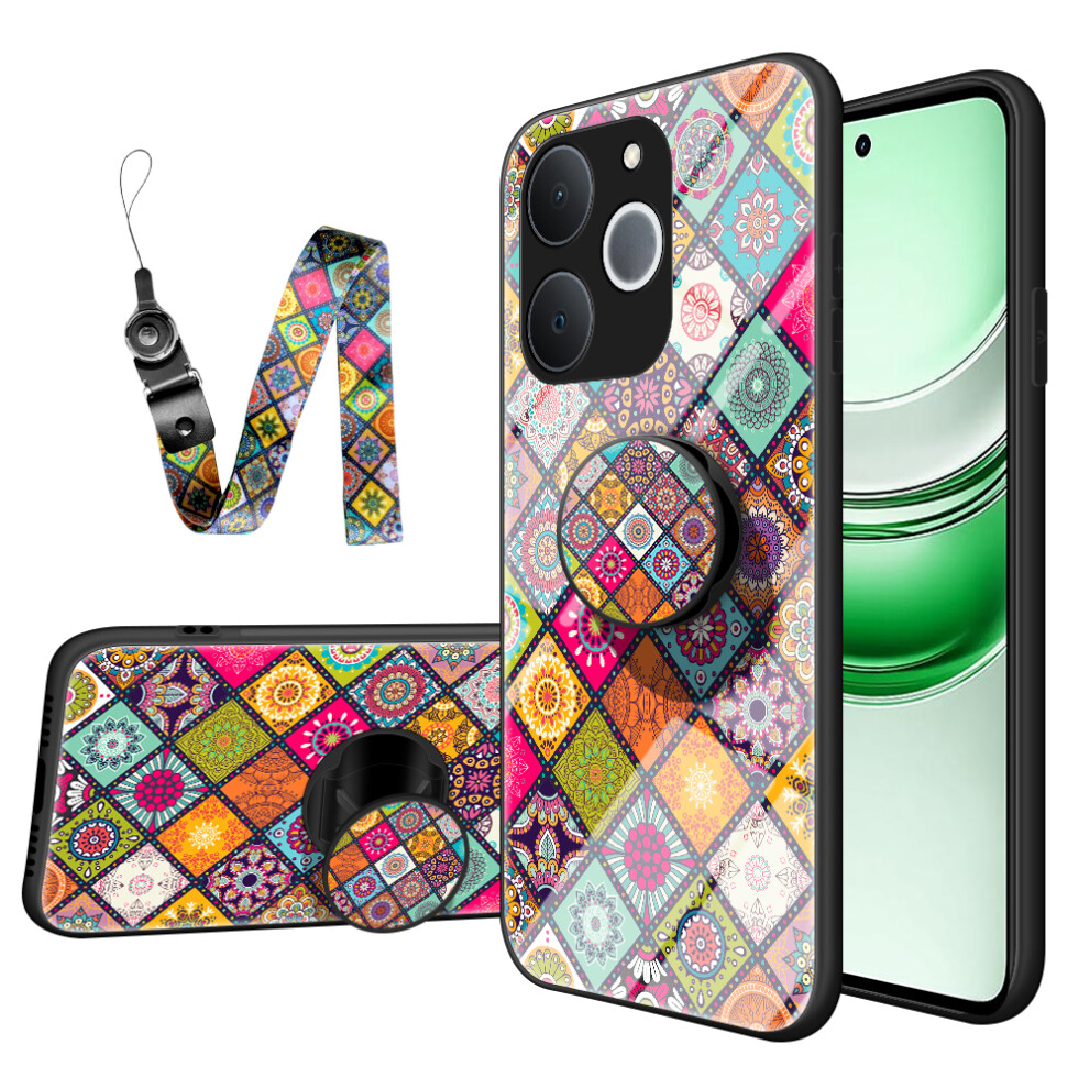 (Color Pattern) For Realme C71 4G / Note 70 4G Case Kickstand Ethnic Pattern Tempered Glass Phone Cover With Strap 6914281851609