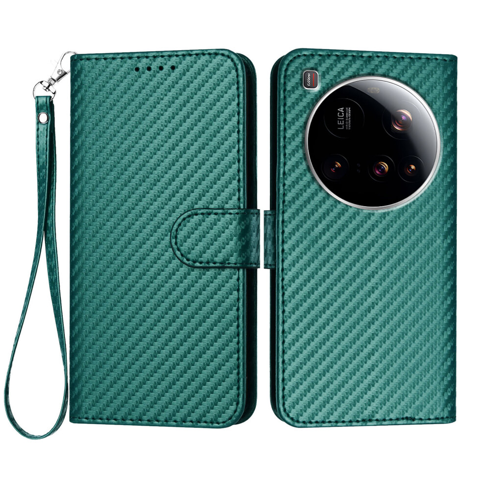 (Blackish ) For Xiaomi 15 Ultra Wallet Case With Strap Carbon Fiber Texture Leather Mobile Cover Green 6914283166022