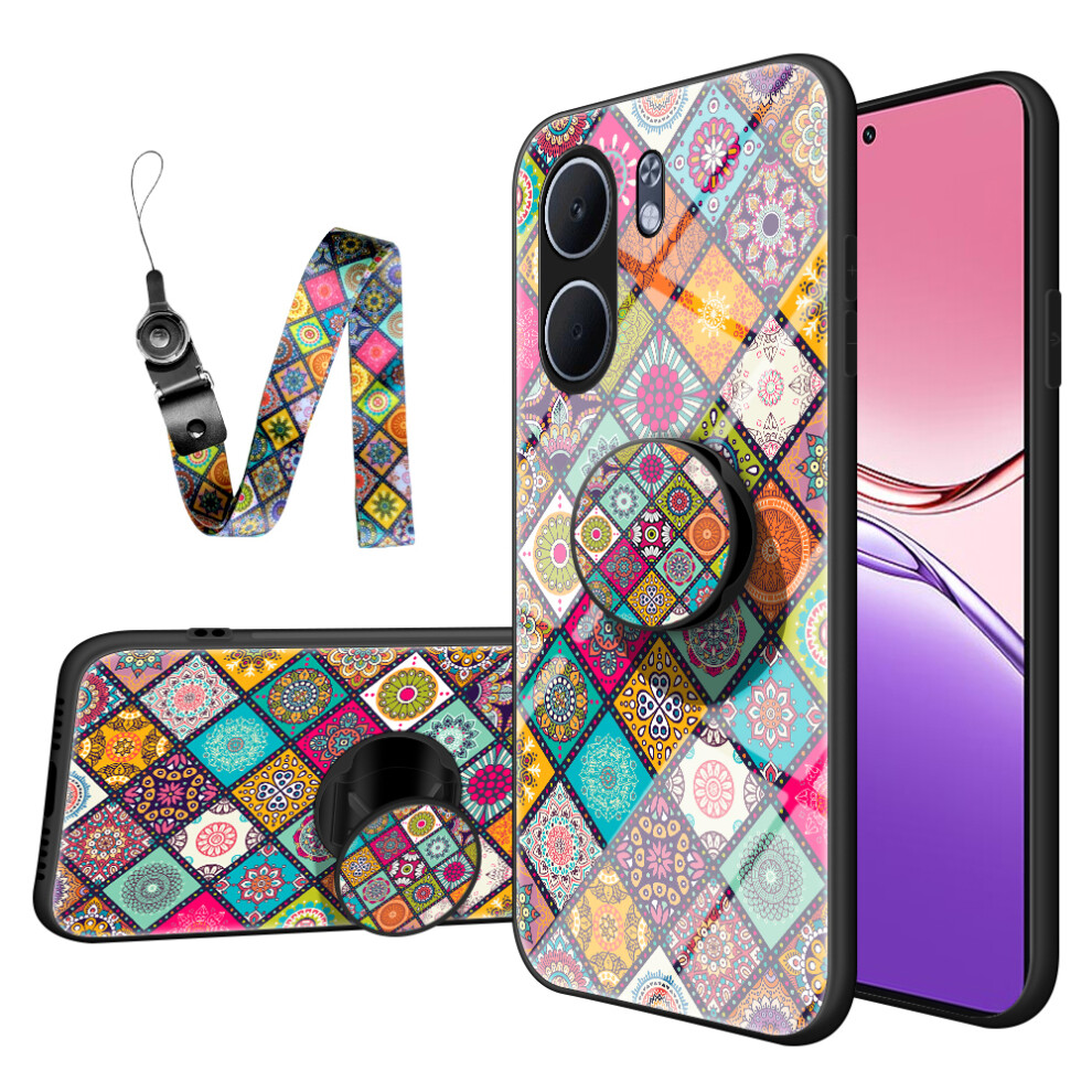 (Checkered Pattern) For Oppo A5x 4G / 5G Case Kickstand Ethnic Pattern Tempered Glass Phone Cover With Strap 6914283439119