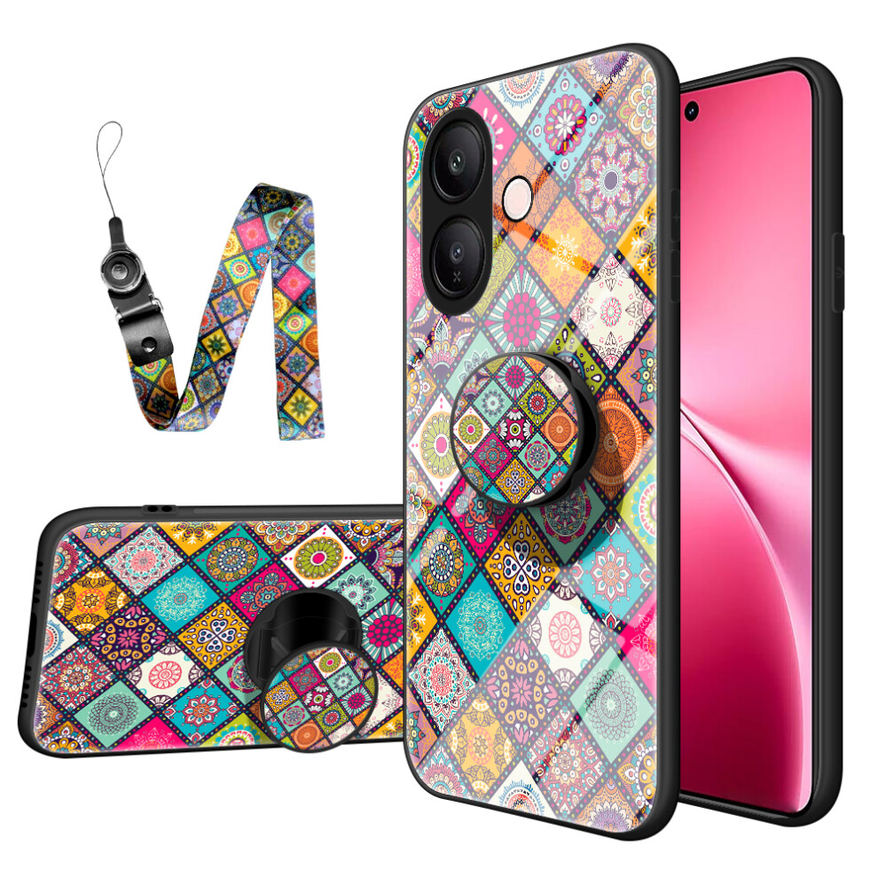 (Checkered Pattern) For Vivo V60 Lite 5G / 4G Case Kickstand Ethnic Pattern Tempered Glass Phone Cover With Strap 6914280375960