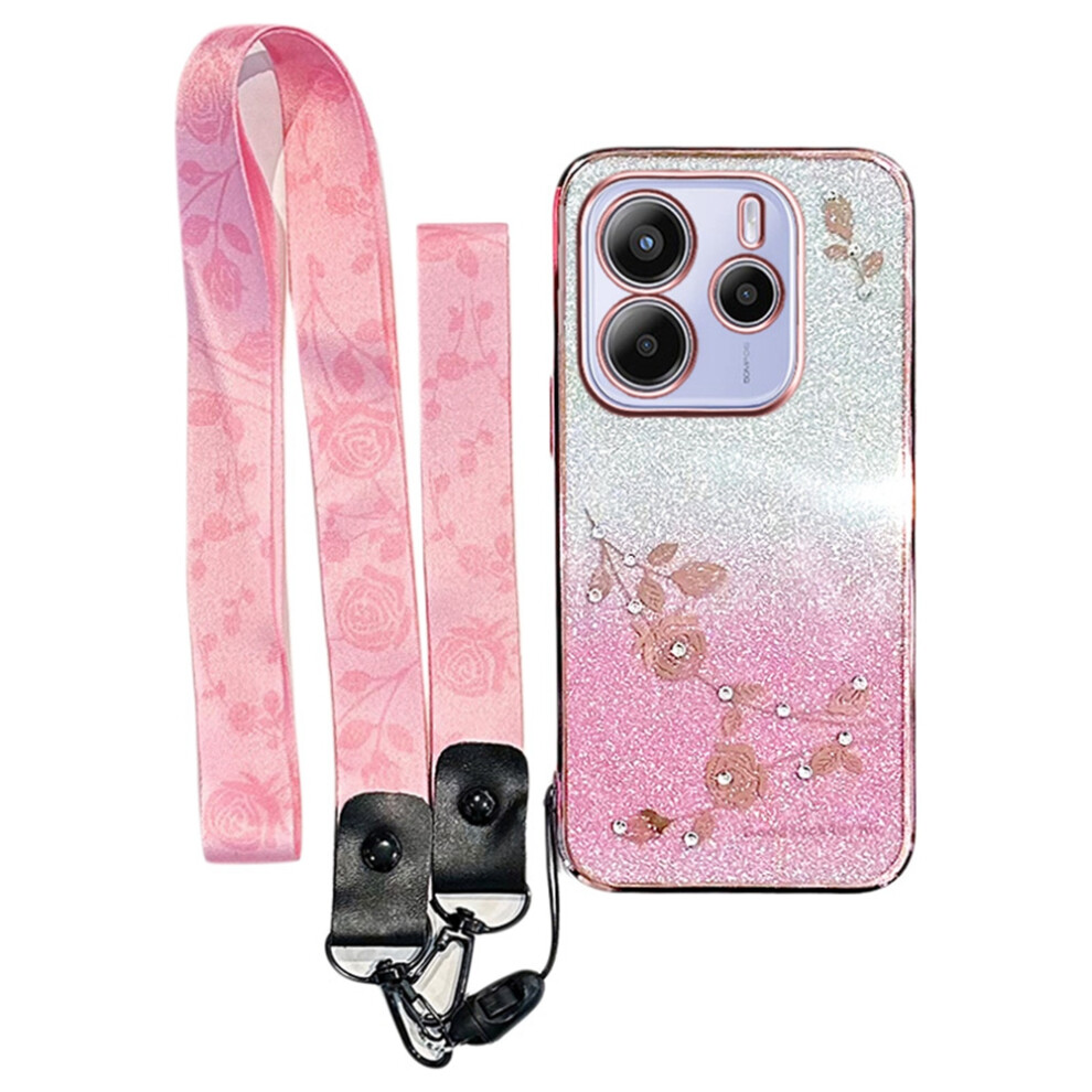 (Rose ) For Xiaomi Redmi Note 14 4G (164.84Mm) Case Flower Pattern Tpu Gradient Phone Cover With Lanyards Gold 6914284867577