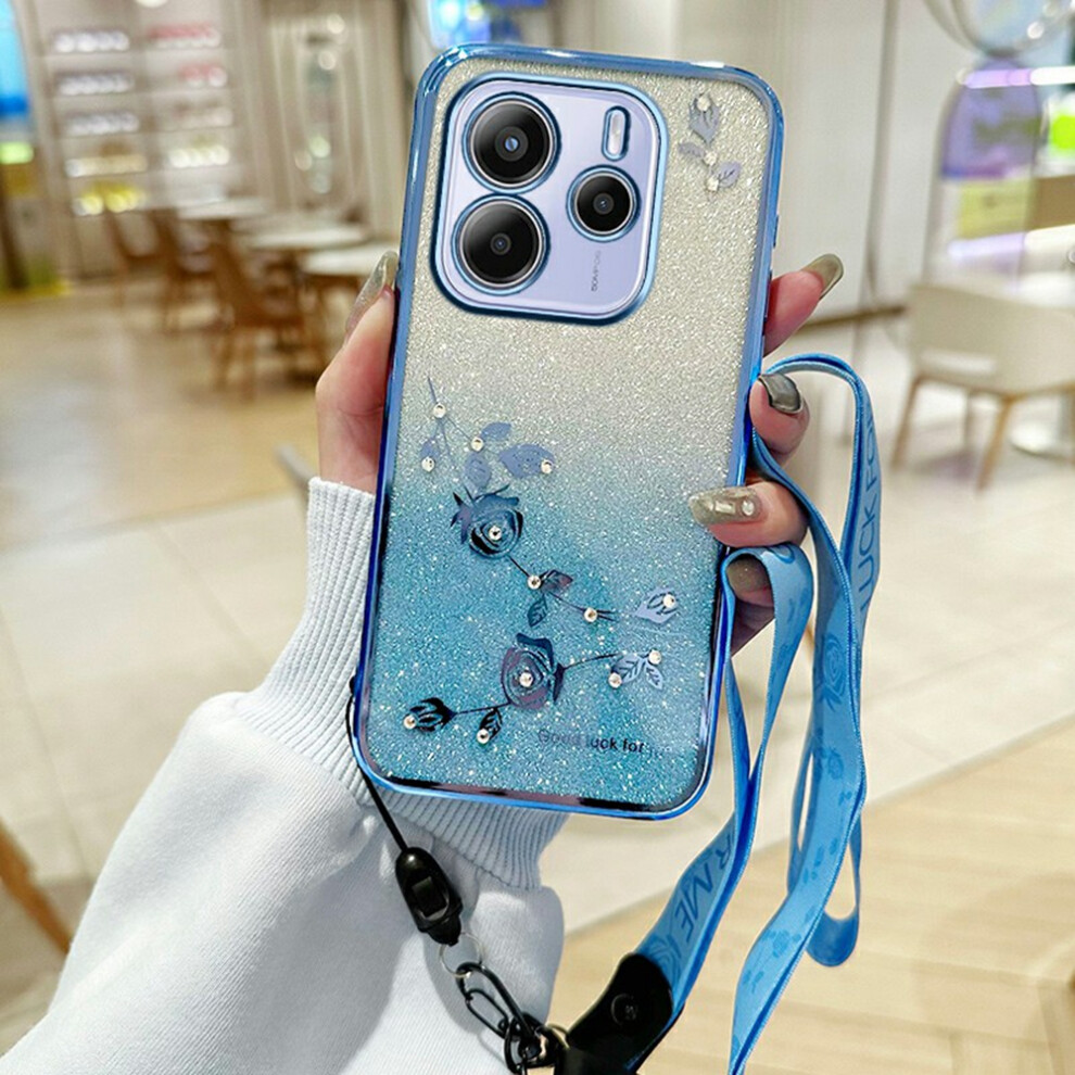 (Blue) For Xiaomi Redmi Note 14 4G (163.25Mm) Case Flower Pattern Tpu Gradient Phone Cover With Lanyards Blue 6914281098684