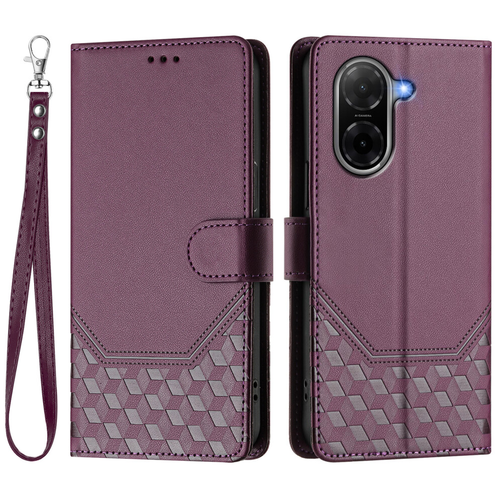(Dark ) For Xiaomi Poco C71 4G / Redmi A5 4G (171.7Mm) Case Imprinted Honeycomb Rfid Blocking Leather Phone Cover With Strap Purple 6914283429172