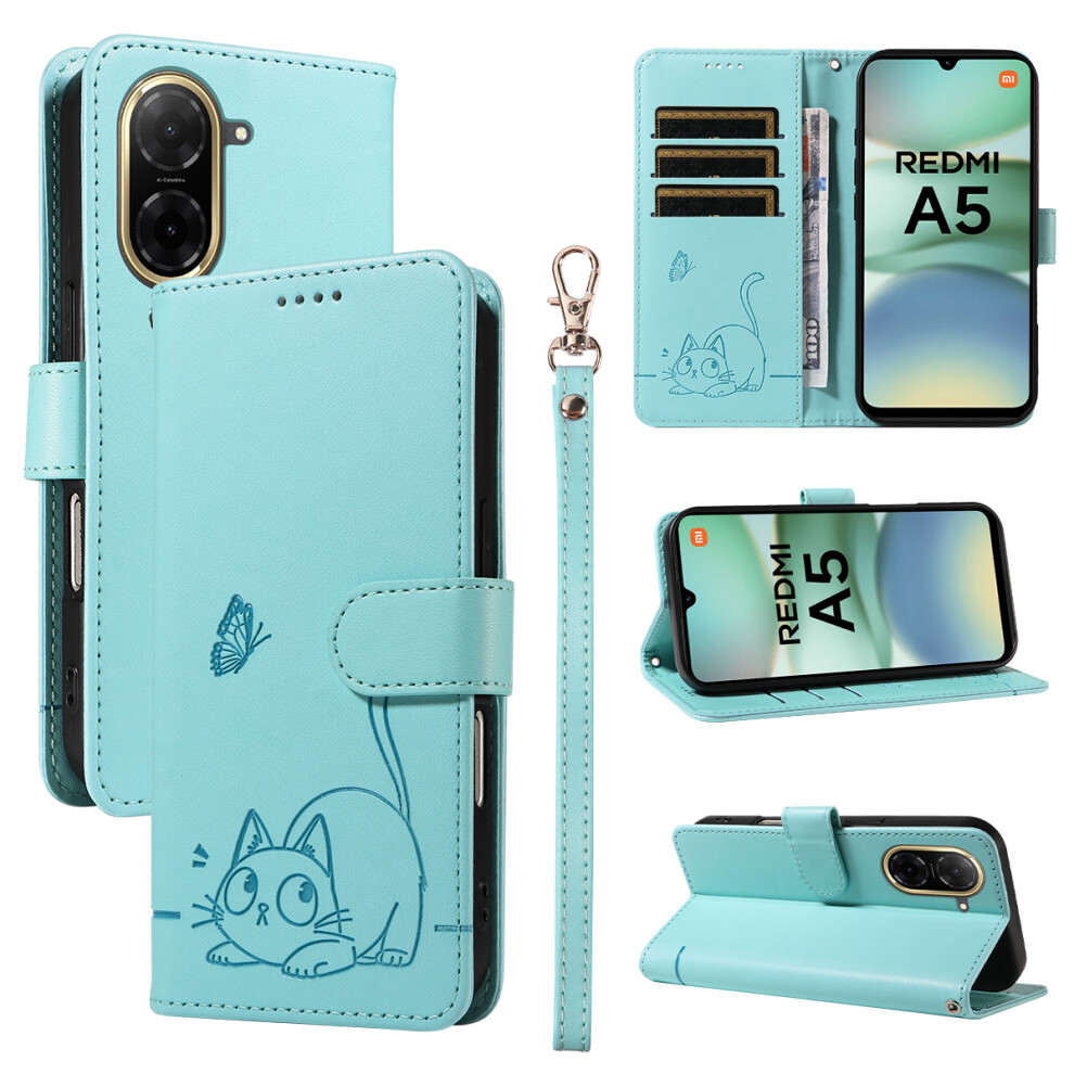 (Green) For Xiaomi Redmi A5 Nfc (Eu) (173.45Mm) Case Cat Pattern Imprint Leather Phone Cover With Wrist Strap Green 6914286602510