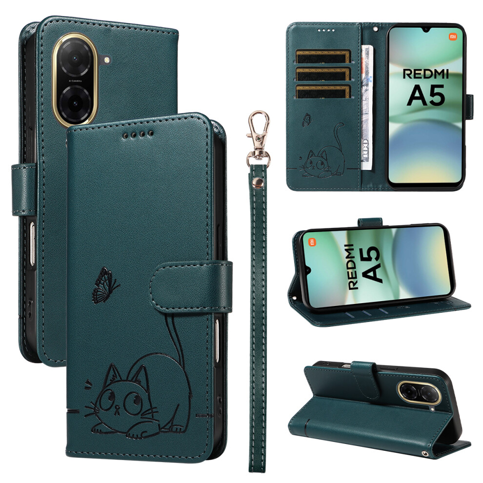 (Dark ) For Xiaomi Redmi A5 Nfc (Eu) (173.45Mm) Case Cat Pattern Imprint Leather Phone Cover With Wrist Strap Green 6914288328364