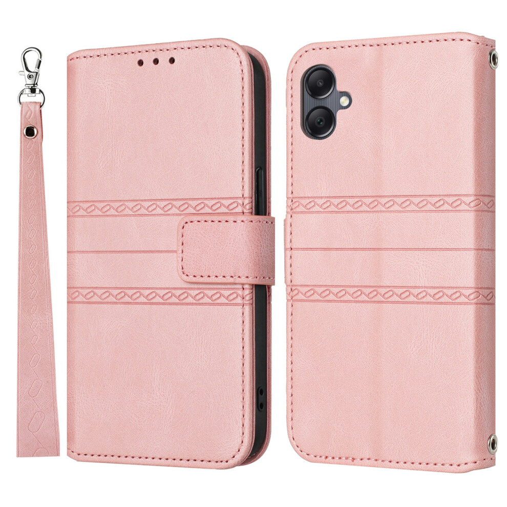 (Pink) For Samsung Galaxy A07 4G / A06 4G / 5G Case Wallet Skin-Touch Leather Imprinted Phone Cover With Wrist Strap Pink 6914283930265