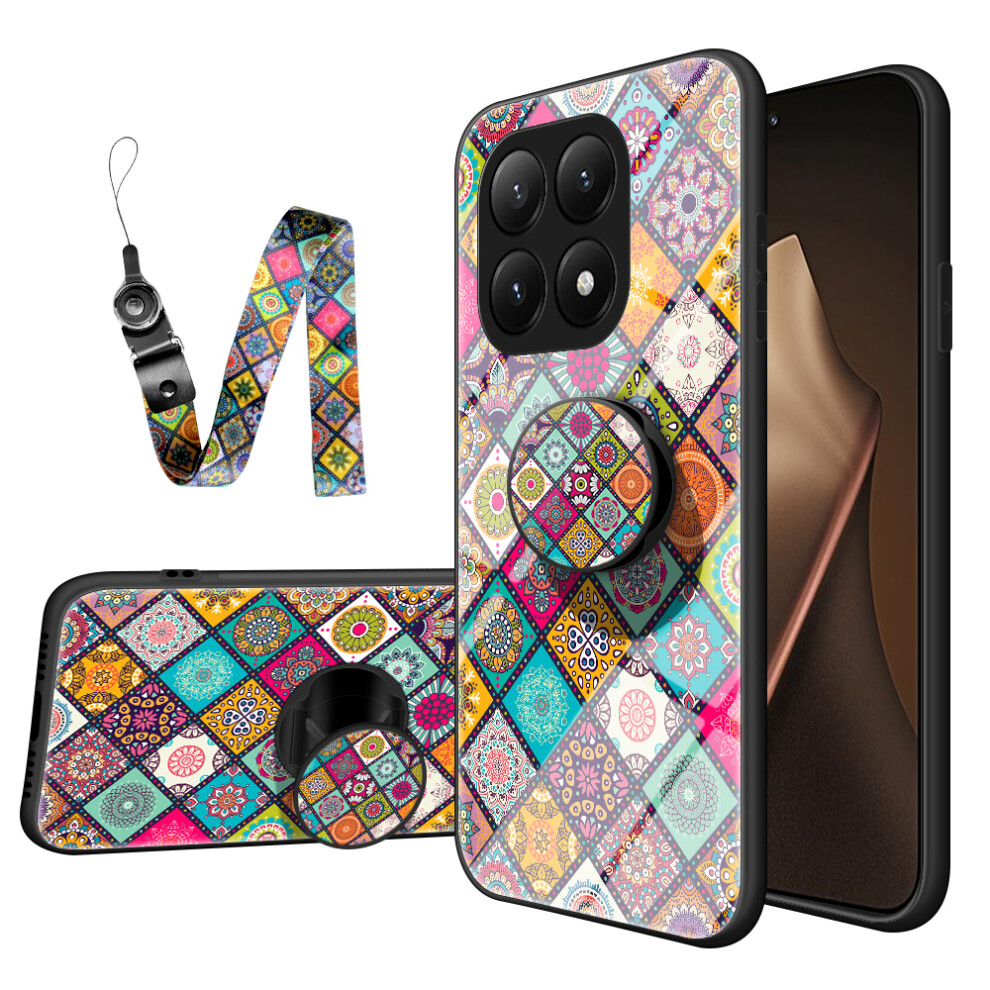 (Checkered Pattern) For Xiaomi 15T Pro Case Kickstand Ethnic Pattern Tempered Glass Phone Cover With Strap 6914286079992