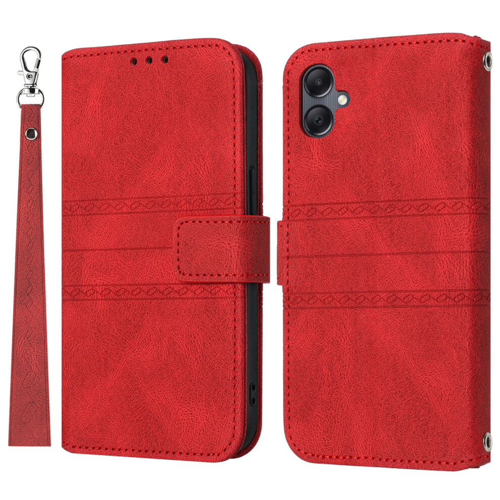 (Red) For Samsung Galaxy A07 4G / A06 4G / 5G Case Wallet Skin-Touch Leather Imprinted Phone Cover With Wrist Strap Red 6914280342214