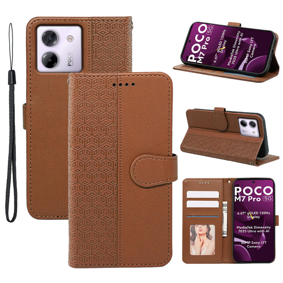 (Brown) For Xiaomi Poco M7 Pro 5G Case Anti Scratch Splicing Imprinted Rhombus Leather Phone Cover Brown 6914283250479