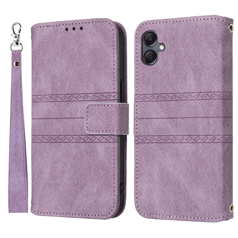 (Purple) For Samsung Galaxy A07 4G / A06 4G / 5G Case Wallet Skin-Touch Leather Imprinted Phone Cover With Wrist Strap Purple 6914283264407