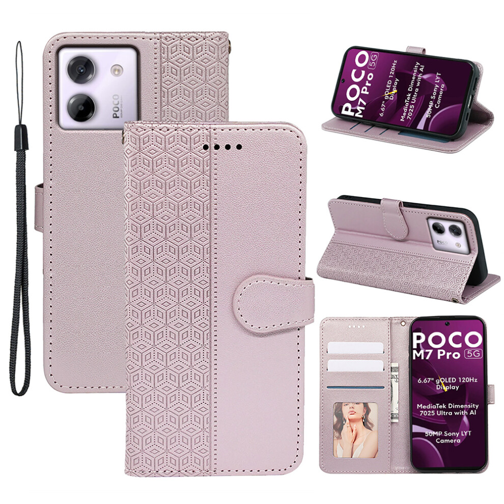 (Rose ) For Xiaomi Poco M7 Pro 5G Case Anti Scratch Splicing Imprinted Rhombus Leather Phone Cover Gold 6914280197449