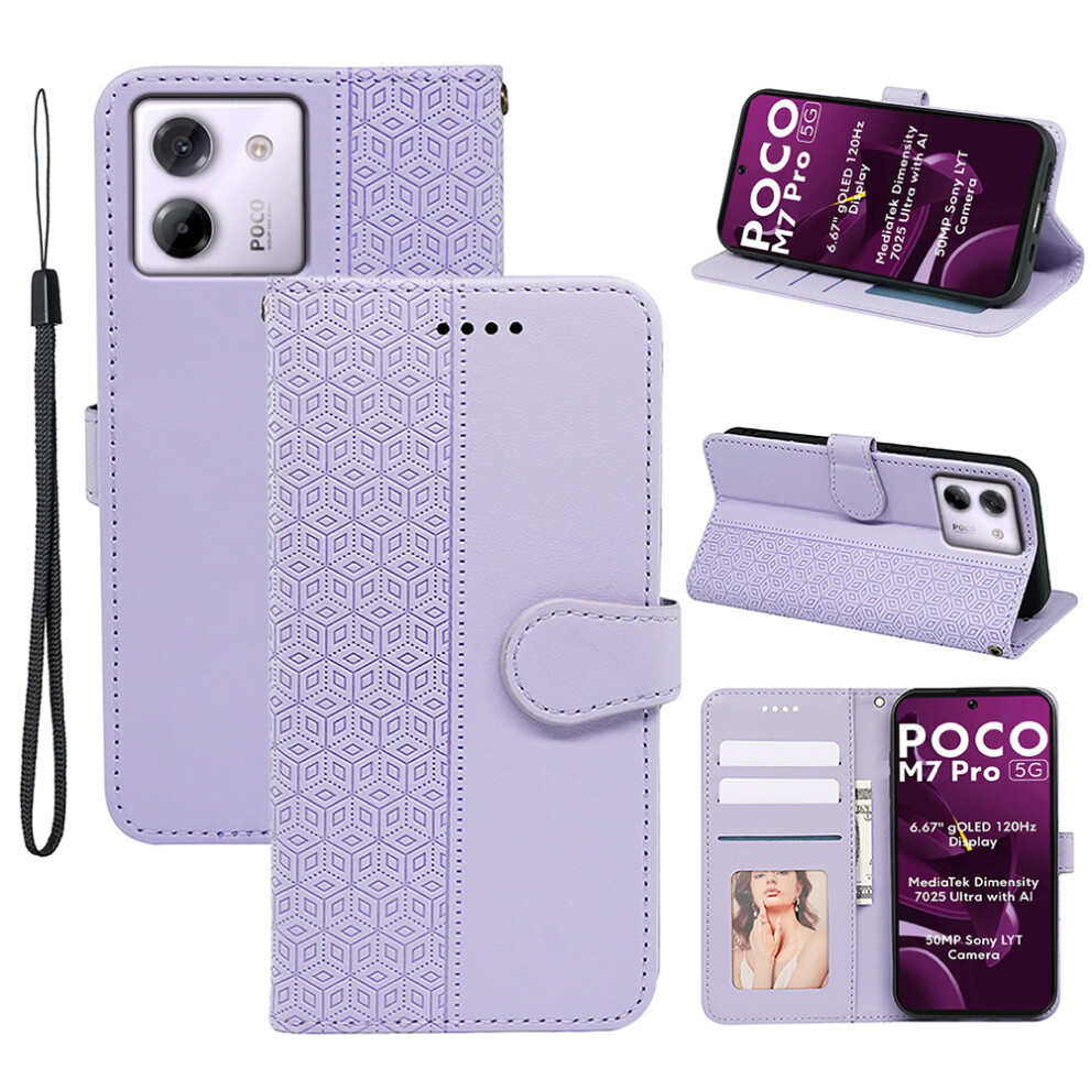 (Purple) For Xiaomi Poco M7 Pro 5G Case Anti Scratch Splicing Imprinted Rhombus Leather Phone Cover Purple 6914284597597