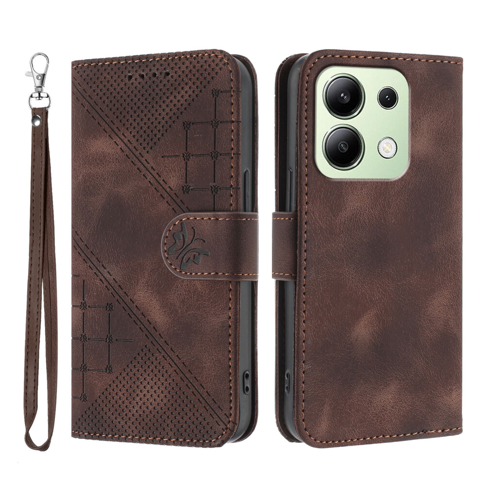 (Coffee) For Xiaomi Redmi Note 13 4G Leather Wallet Case Butterfly Flower Imprinted Phone Cover With Strap Brown 6914287050075