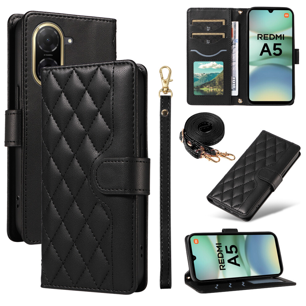 (Black) For Xiaomi Redmi A5 Nfc (Eu) (173.45Mm) Wallet Case Rhombus Leather Phone Cover With Strap Black 6914283941360