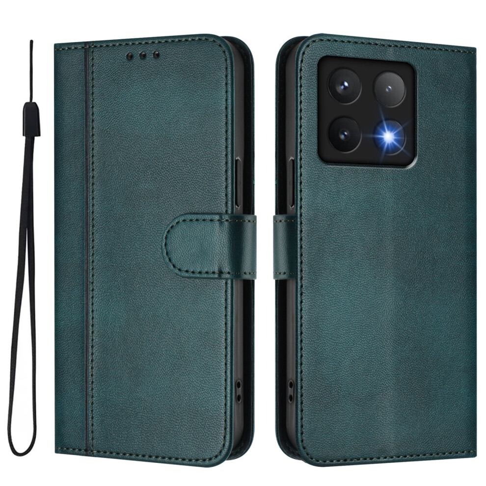 (Dark ) For Xiaomi 14T Cases Wallet Stand Retro Texture Leather Phone Cover With Lanyard Green 6914287140073