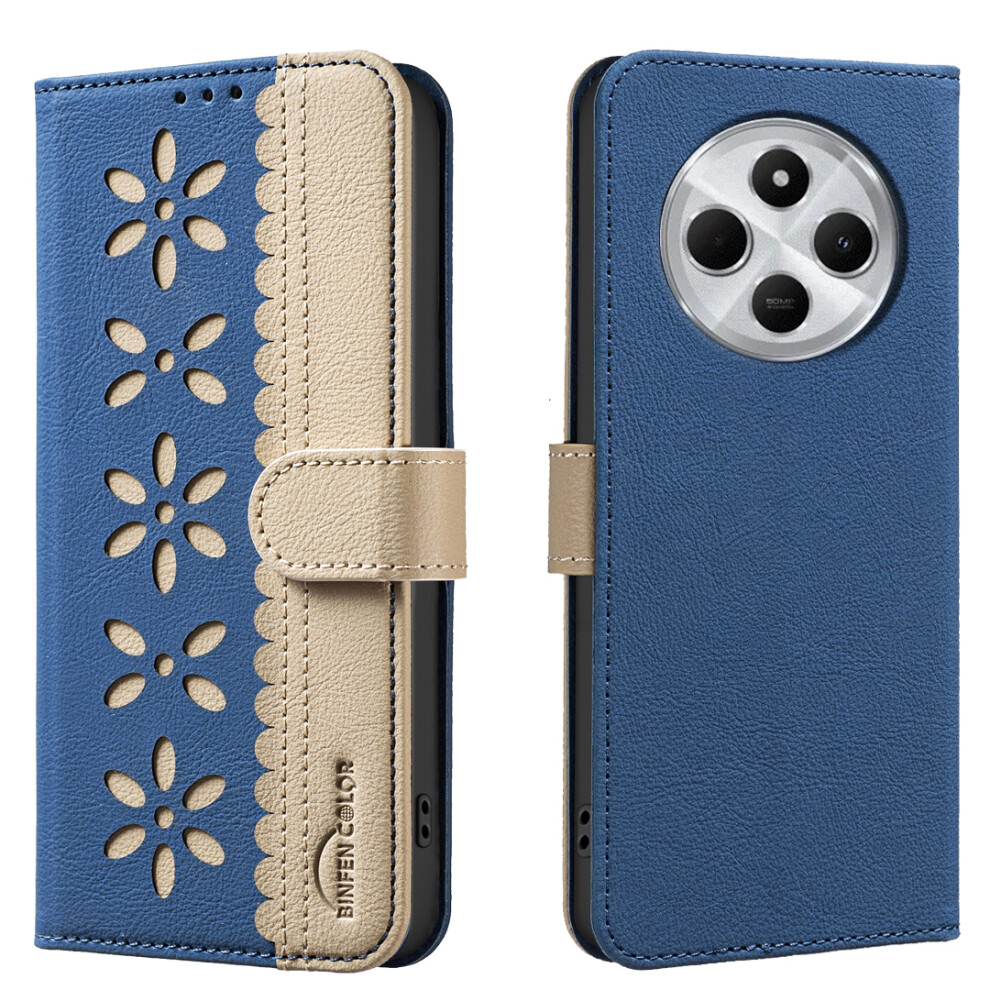 (Dark ) For Xiaomi Redmi 14C 4G / Xiaomi Poco C75 4G Leather Case Binfen Color Bf36 Floral Pattern Phone Cover Rfid Blocking Wallet Stand Blue 6914282585749